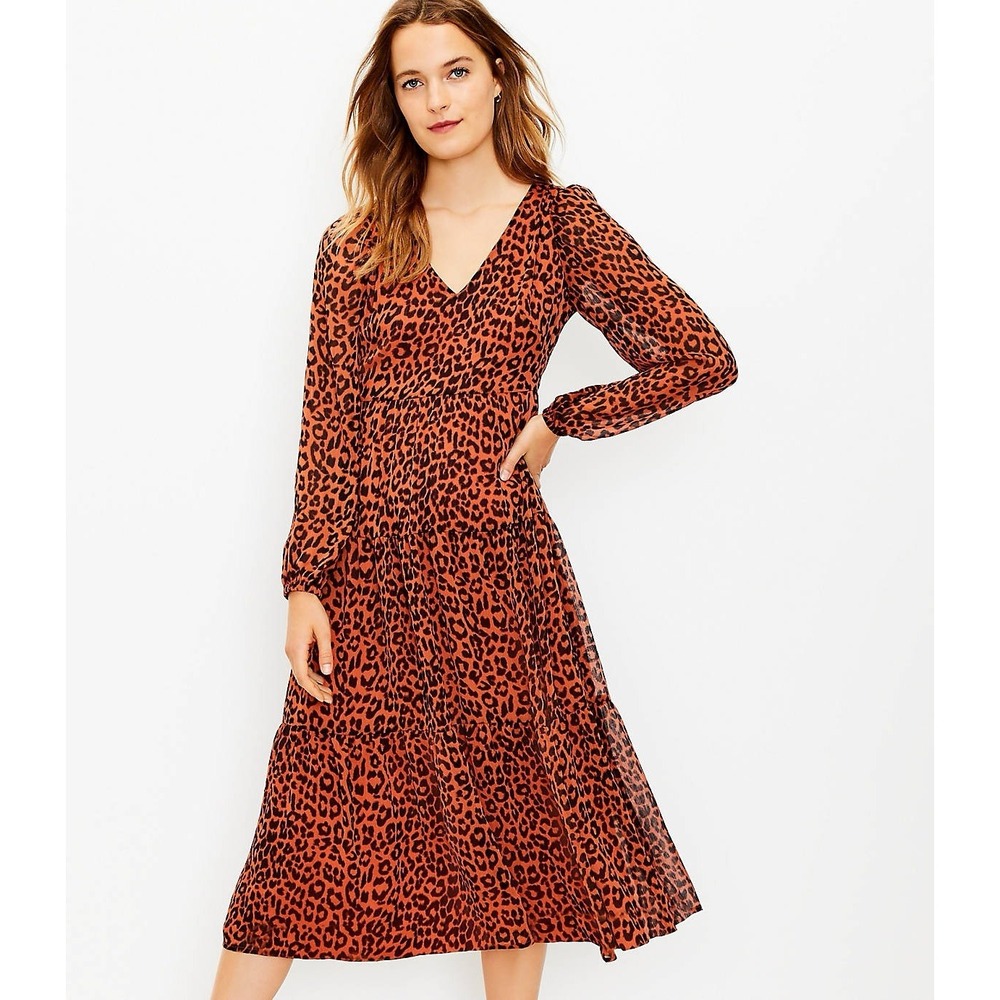 Loft Leopard Print Midi Dress Womens 6 Rust Brown Tiered Sheer Sleeve V Neck